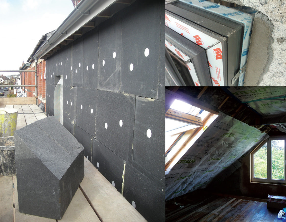 (clockwise from top) Genuinely deep retrofit measures including external insulation to AECB CEO Andy Simmonds’ Grove Cottage; retrofitting of Munster Joinery passive windows at a Simon Mc- Guinness upgrade in Salthill, Co. Galway; and an Attic upgrade at Tina Holt’s retrofit in Nottingham