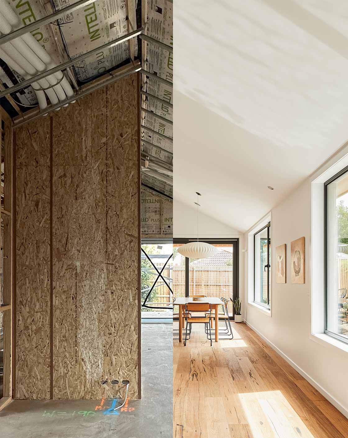 With a passive house, it’s what’s inside that counts. A composite photo shows the airtight layer, with MVHR ductwork housed in a suspended timber ceiling, the hidden best practice which lies beneath the picture-perfect finish.