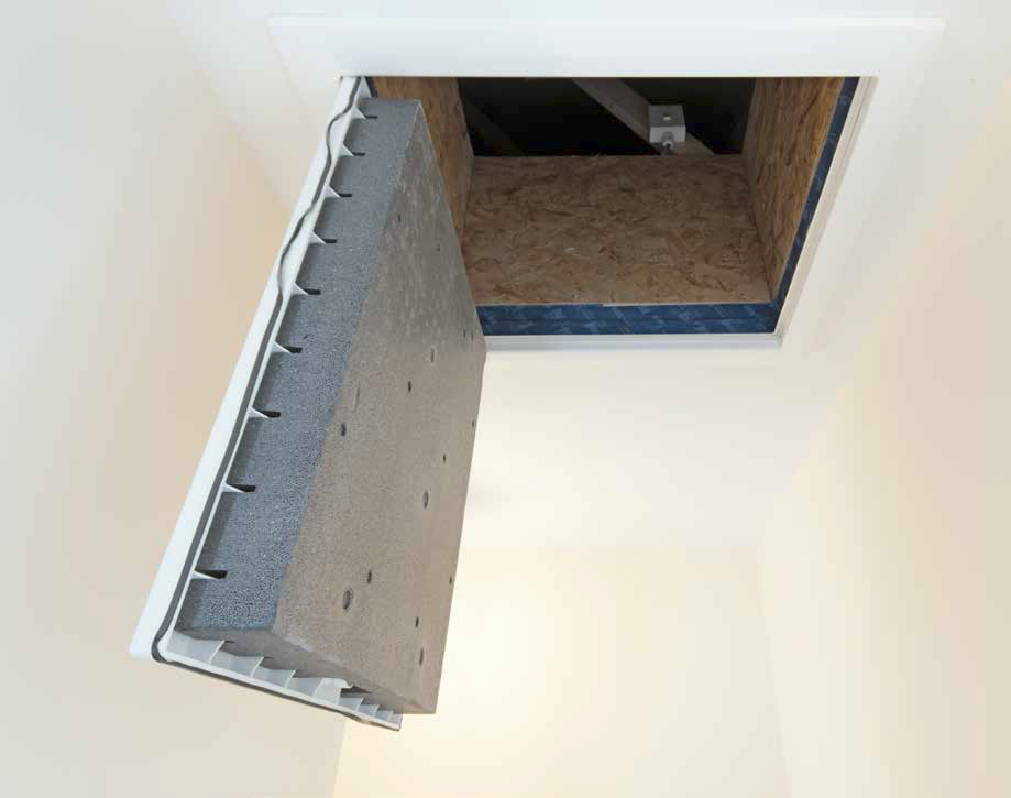 An airtight, insulated attic hatch which seals the hatch frame to greatly improve airtightness and thermal performance
