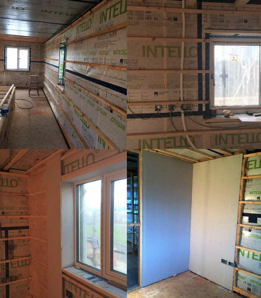 Stages of the wall build-up showing Intello airtightness membrane, with services behind battens, and 50mm thick service void insulated with Isover Metac insulation provided to inner leaf prior to Gyproc plasterboard