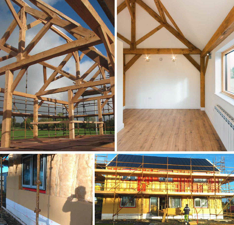 (clockwise from left) The building’s oak frame under construction and exposed in the finished home; the make-up of the external walls thermal layers coming together with structural insulated panels, studded out externally to include 100mm of Metac; beneath 80mm Gutex wood-fibre boards