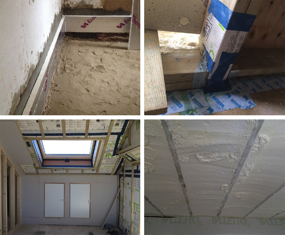 (clockwise from top left) the ground floor was excavated and rigid insulation placed around the perimeter to cut thermal bridging here; airtightness taping around joist ends; new roof rafters insulated with Icynene spray foam insulation; airtightness detailing to the roof, with Pro Clima Intello membrane under internal battening.