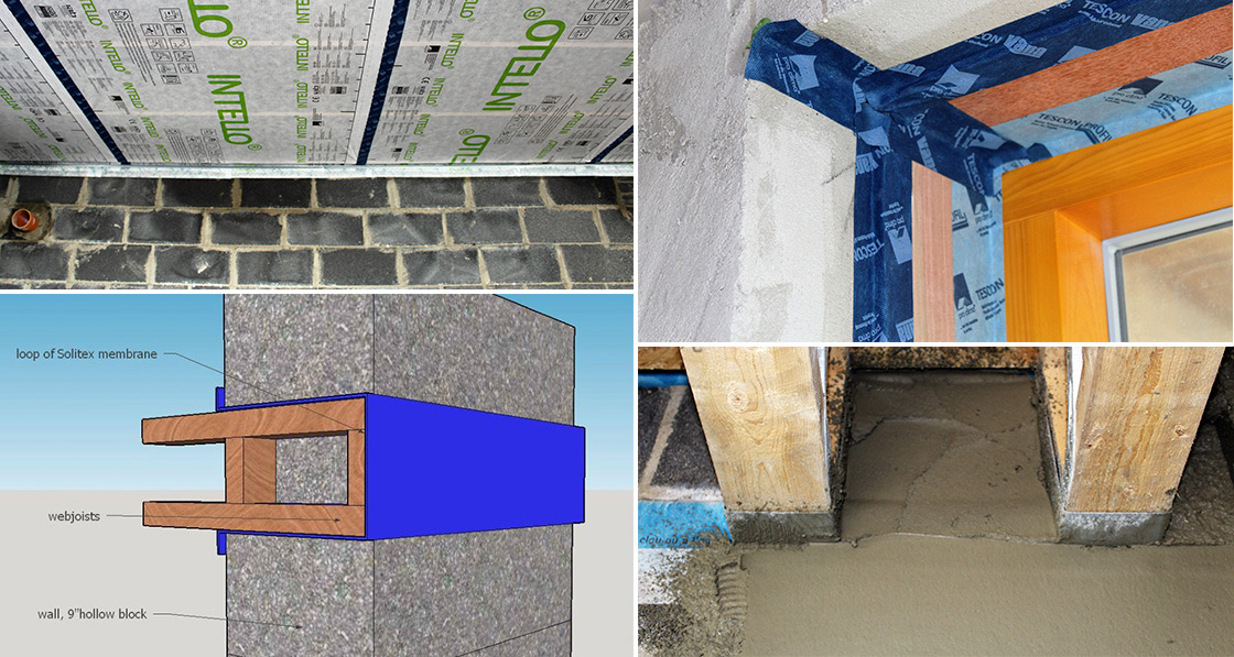 (Clockwise from top left) Pro Clima Intello membrane fitted to the underside of ceiling rafter; careful taping at window reveals; webjoists are wrapped in membrane for an airtight loop, membrane taped back to the wall with Solido plasterable tape and for extra safety, the plasterer plastered over as much surface as possible – even between webjoists and over the membrane.