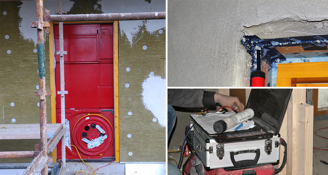 A blower door test was carried out by Building Envelope Technologies to measure the air leakages in the building; with smoke pencils used to identify localised leakage