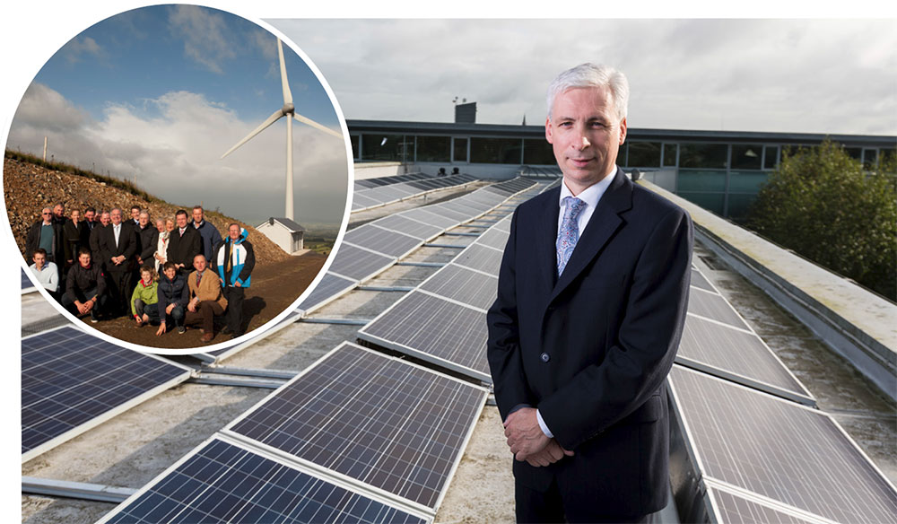 Some of the projects supported by the agency over the years including Templederry Community Wind Farm (left) and the 45kW solar PV array on the roof of the Tipperary County Council building in Nenagh (seen here with council CEO Joe McGrath)