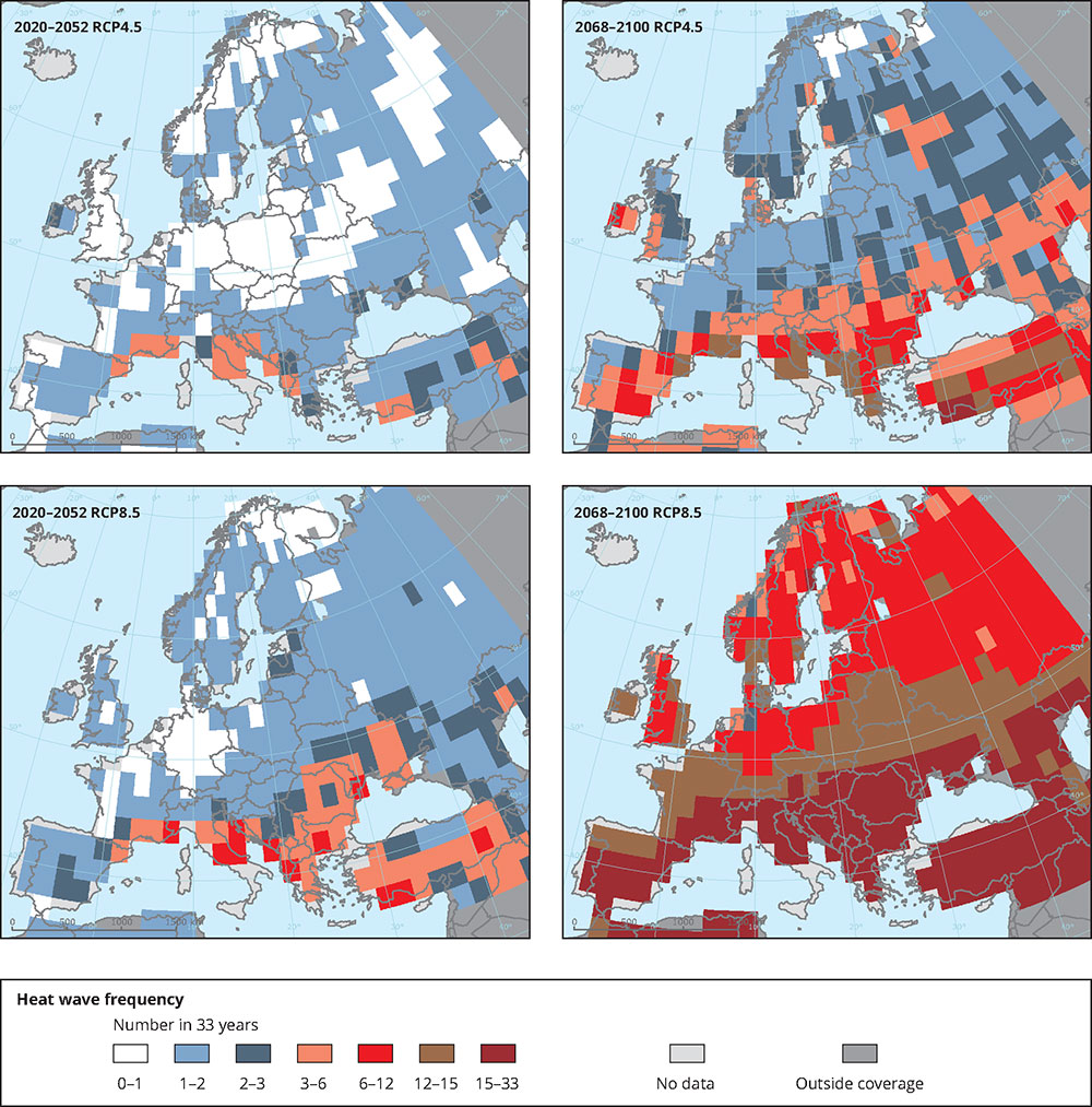 (above) Number of projected extreme heat waves under two difference climate change scenarios. Under RCP4.5, emissions peak around 2040 and then decline. Under RCP8.5, emissions continue to rise throughout the 21st century. Graph: European Environment Agency