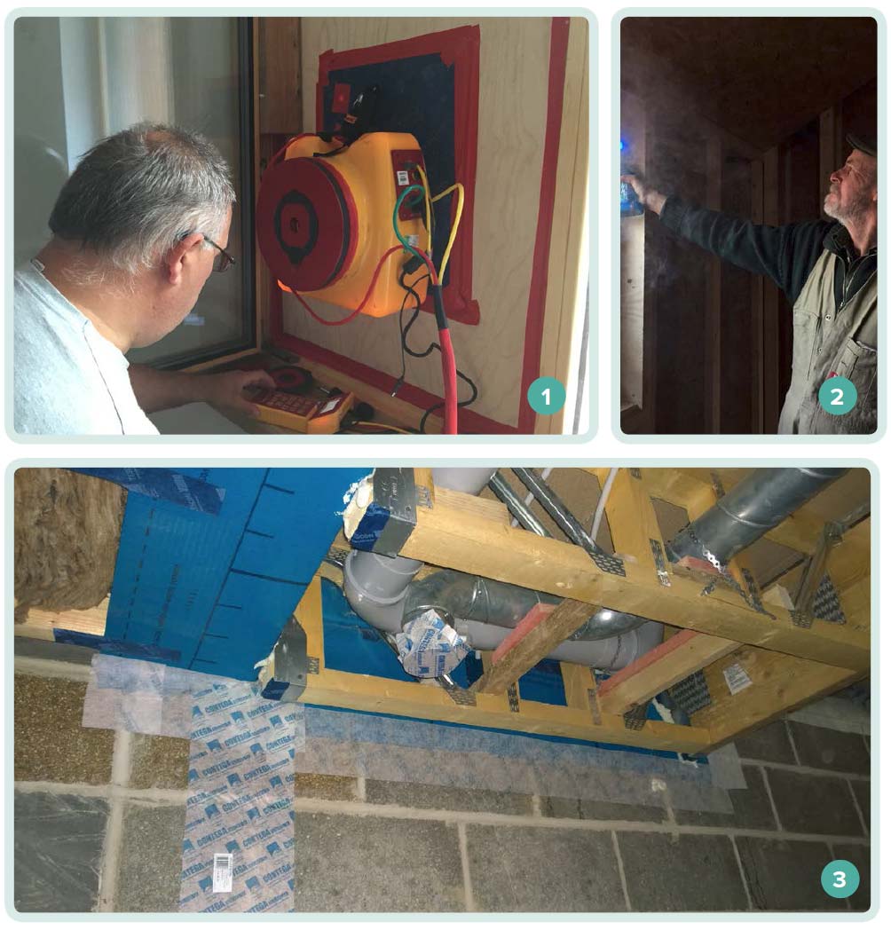 1 Paul Jennings conducting a blower door test to check a building’s airtightness; 2 builder Mike Whitfield using a smoke pencil to look for air leaks; 3 sealing of a ventilation duct prior to a building’s airtightness test.
