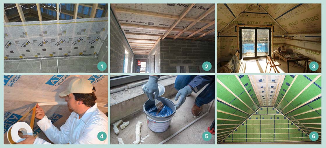Some popular airtightness membranes include 1 Isover Vario 2 Ampatex 3 pro clima Intello and 4 Airstop Diva Forte. Newer airtightness product innovations on the market include 5 Blowerpoof liquid airtight paint and 6 Smartply ProPassiv airtight OSB.