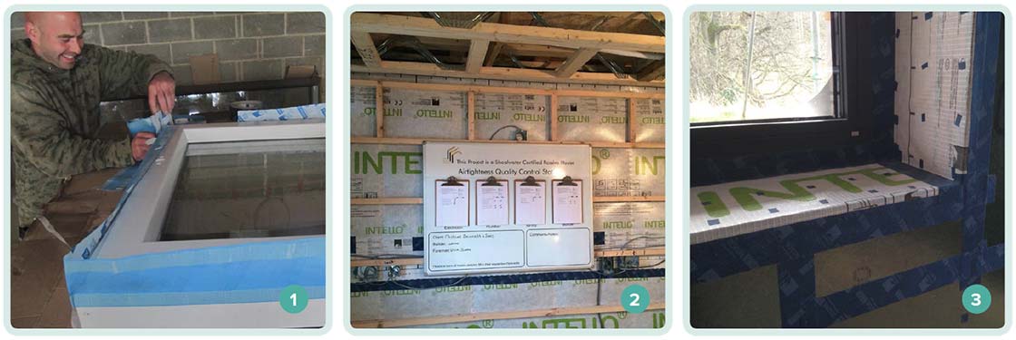 1 Applying airtightness tapes prior to window installation; 2 airtightness quality control station on a Shoalwater Timber Frame passive house build for Michael Bennett Group; 3 airtightness membrane and taping around window junctions.