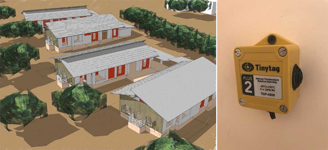 (above left) proposed design of four planned homes at the eco village; (right) one of the Tinytag sensors that the team is using to monitor temperature and humidity in various parts of the buildings.
