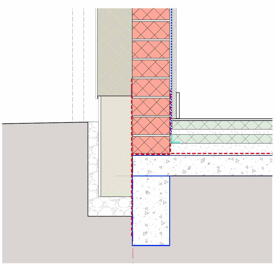 Drawing of the wall-to-the floor junction, with the broken red line marking the airtightness layer