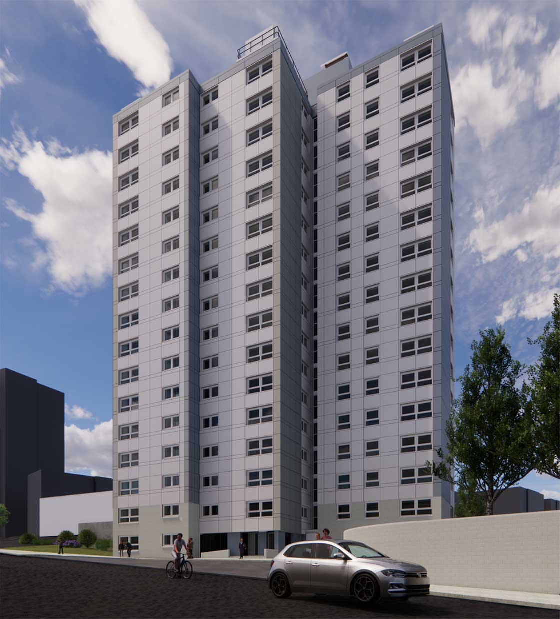 A rendering of the new façade of Prospecthill Court, a tower block being retrofitted to the AECB CarbonLite Retrofit Level 2 standard by River Clyde Homes