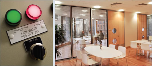 Controls ( left) affecting the building's rainwater supply; extensive use of glazed surfaces (right) reduces the building's electrical lighting requirement