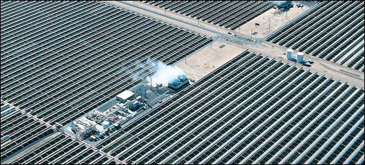 A 150 megawatt CSP plant in the Mojave desert, California. This facility is one of three separate sites within 40 miles of one another. Together these three facilities can generate about 354 megawatts at peak output, comprising most of the commercial solar power currently produced worldwide.