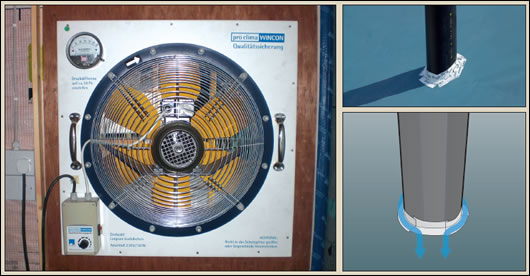 (clockwork from left) the Pro Clima Wincon, the ‘air-tightness spirit level’; wind-tight sealing of a round penetration; note the overlapping layers of tape to allow water run-off