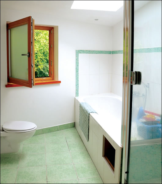 Opaque glass was chosen in the bathroom partly to filter light. Note the laundry chute