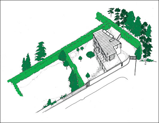 a sketch of the house and garden, where many of the existing hedgerows and trees were maintained