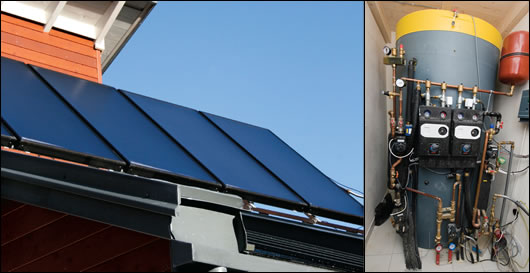 The ten roof-mounted solar panels have been sited just above the main south-facing glazed sections and feed into a 1,500L buffer tank in the boiler room (below right), which acts as the centralised heat store for the house